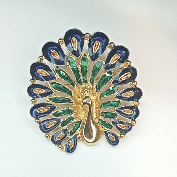 unknown Jewelry - Vintage blue, yellow & green enamel peacock brooch, gold tone